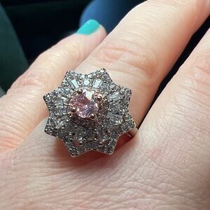 VTG Art Deco Style Pink Diamond CZ Cluster Silver Rose Gold Plated Cocktail Ring